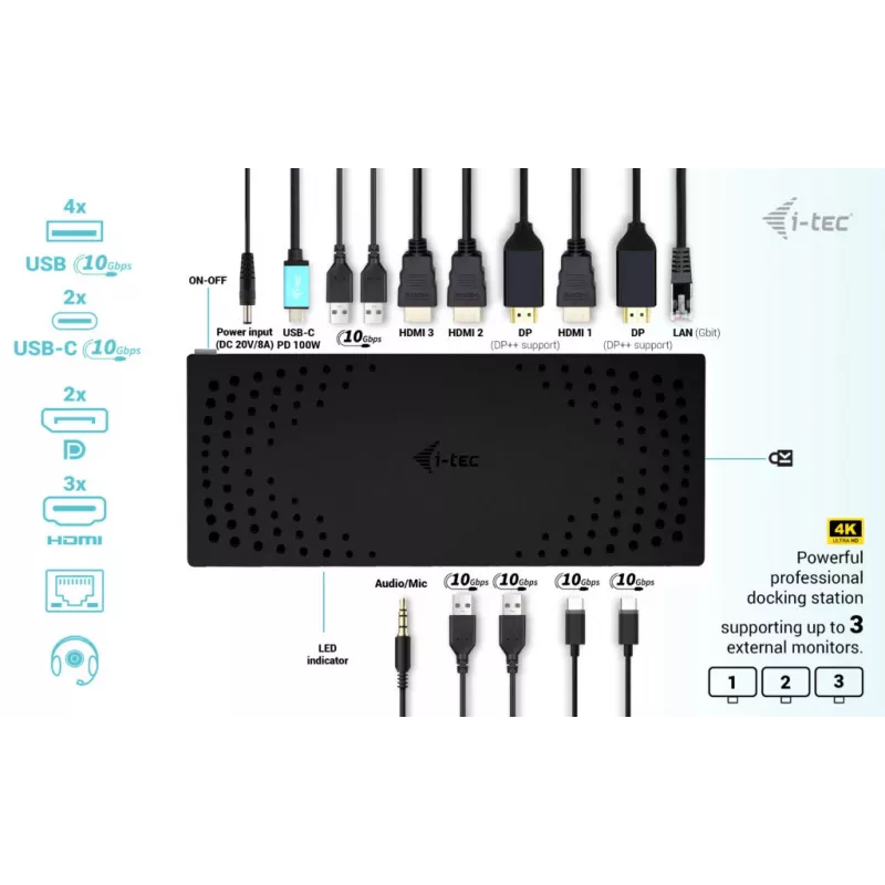i-tec USB 3.0 / USB-C / Thunderbolt, docking station 3x 4K Gen 2 + Power Delivery 100W