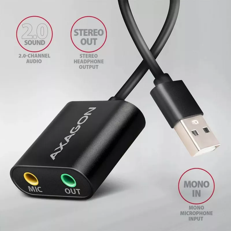 Adattatore audio USB esterno AXAGON ADA-12 con 1x jack da 3,5 mm per cuffie e microfono
