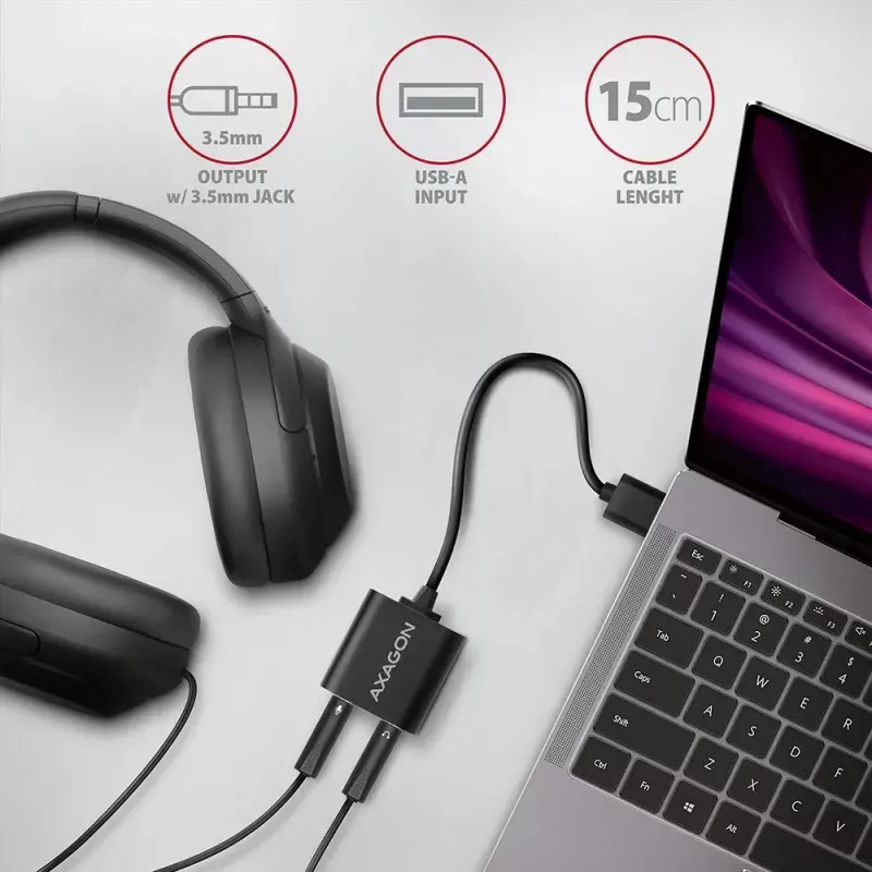 Adattatore audio USB esterno AXAGON ADA-12 con 1x jack da 3,5 mm per cuffie e microfono