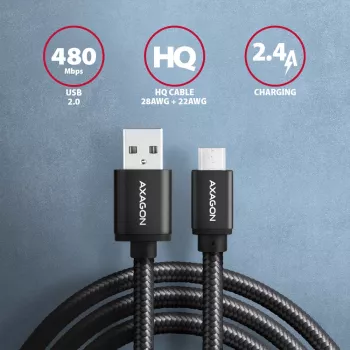 Axagon BUMM-AM10AB HQ cavo Micro USB <-> USB-A, 1 m, USB 2.0, 2,4A, ALU, treccia, nero