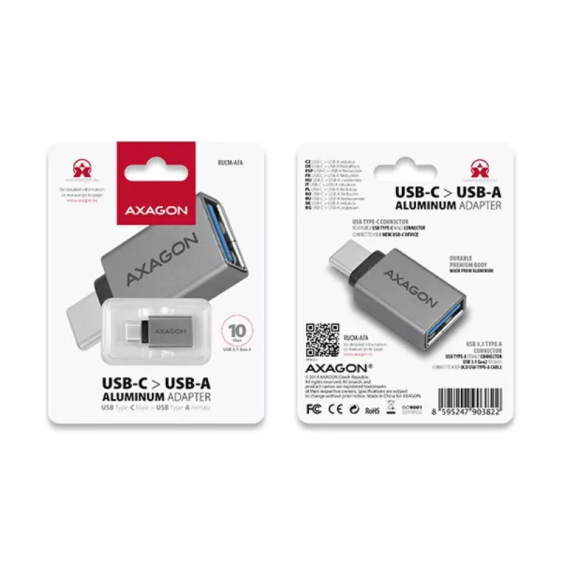 Axagon RUCM-AFA adattatore USB-C (M) -> USB-A (F), USB 3.2 Gen 2, 3A, ALU