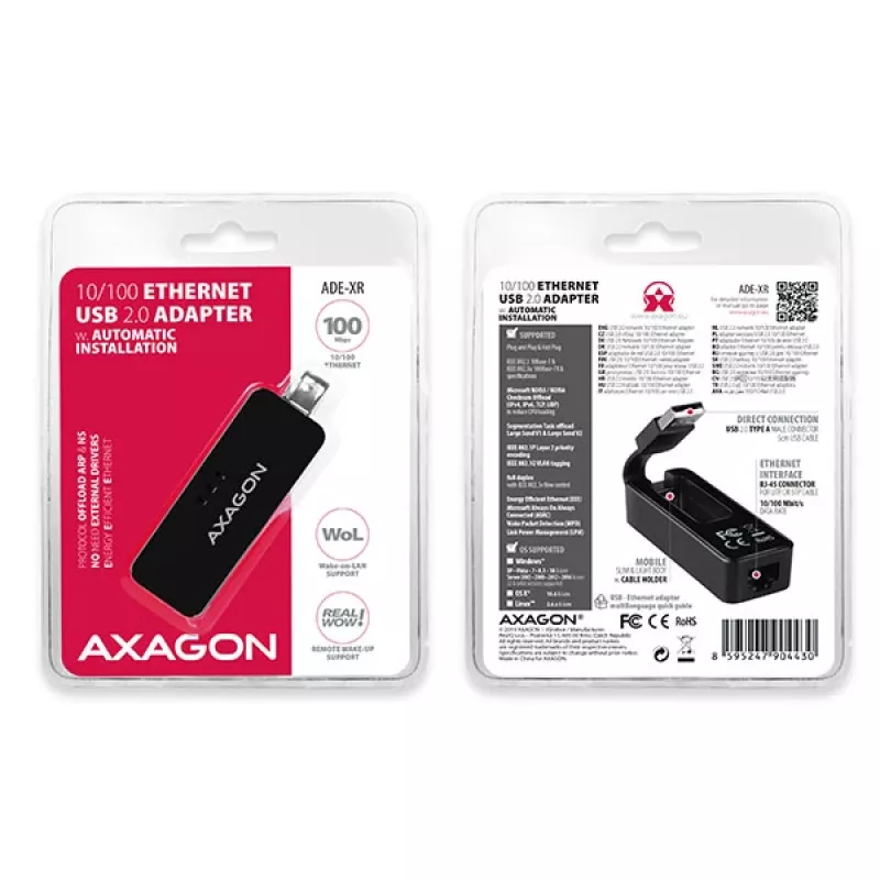 AXAGON ADE-XR adattatore da USB 2.0 Type-A a Fast Ethernet 10/100, RJ-45, Realtek RTL8152, nero, 23 g