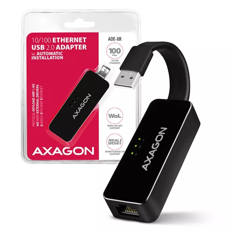 AXAGON ADE-XR adattatore da USB 2.0 Type-A a Fast Ethernet 10/100, RJ-45, Realtek RTL8152, nero, 23 g