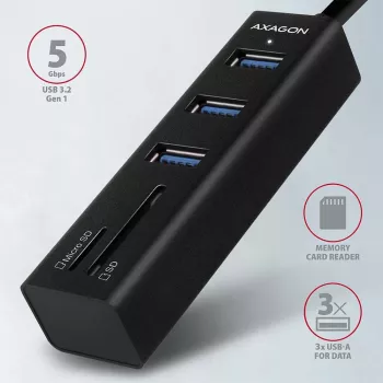 Hub multiporta Axagon HMA-CR3A in metallo USB 3.2 Gen 1 con tre porte USB e lettore di schede