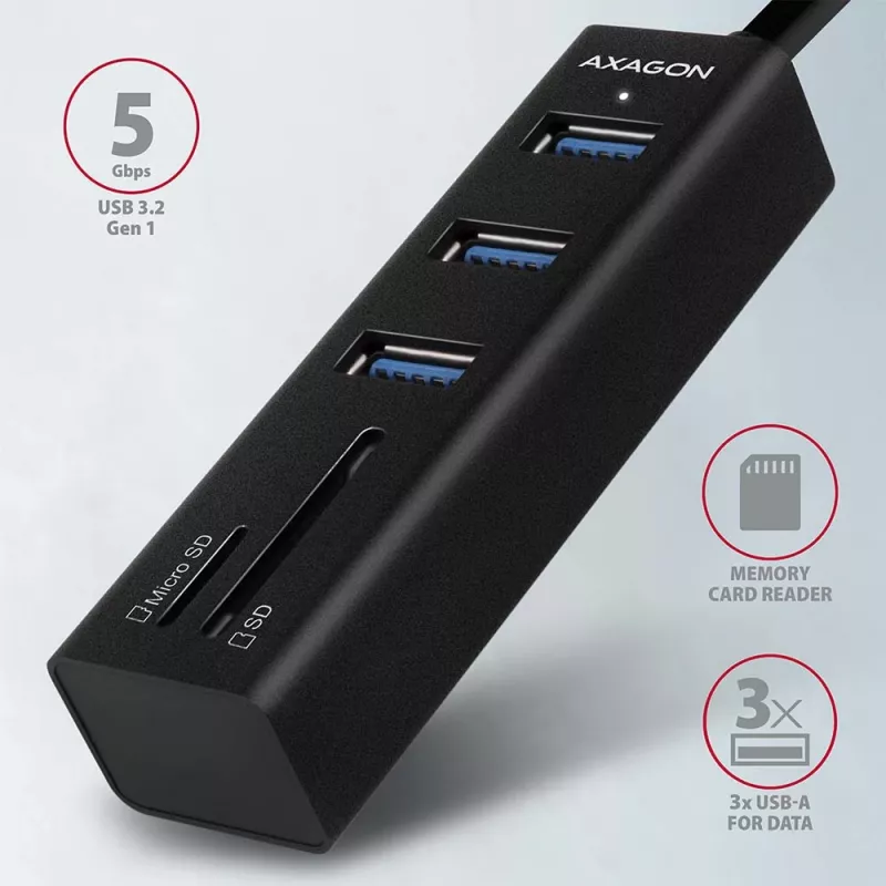 Hub multiporta Axagon HMA-CR3A in metallo USB 3.2 Gen 1 con tre porte USB e lettore di schede