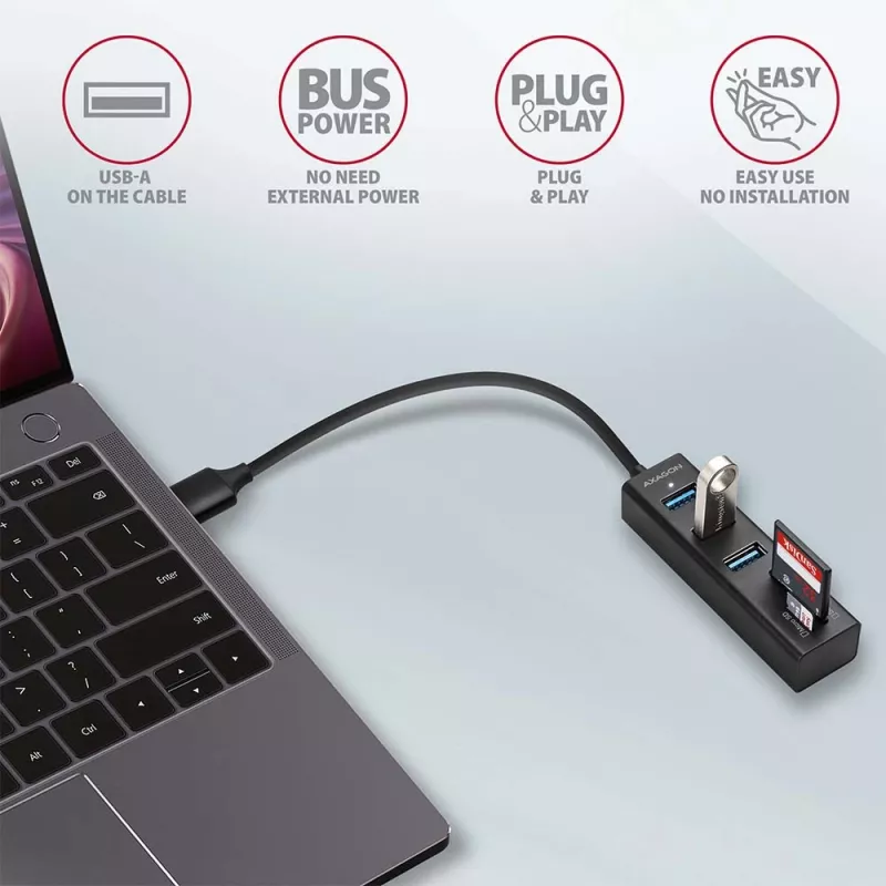 Hub multiporta Axagon HMA-CR3A in metallo USB 3.2 Gen 1 con tre porte USB e lettore di schede