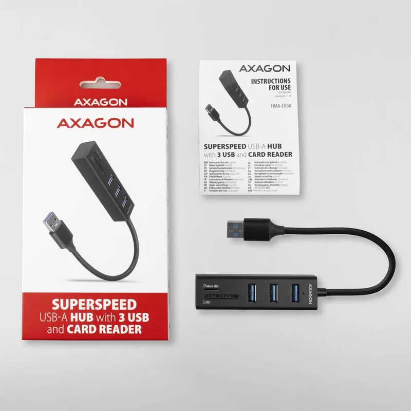 Hub multiporta Axagon HMA-CR3A in metallo USB 3.2 Gen 1 con tre porte USB e lettore di schede