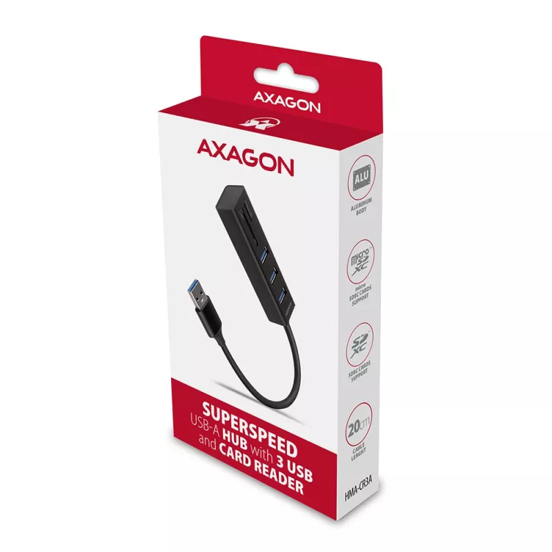 Hub multiporta Axagon HMA-CR3A in metallo USB 3.2 Gen 1 con tre porte USB e lettore di schede