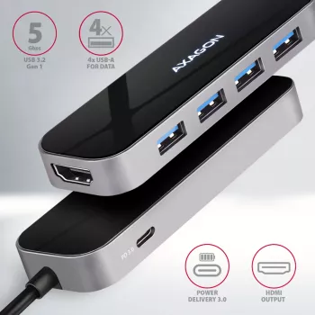 Hub Axagon HMC-6H4A USB 3.2 Gen 1, 4x USB-A, HDMI 4K/30Hz, PD 100W, cavo USB-C 20 cm