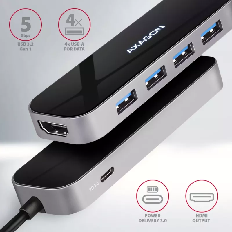 Hub Axagon HMC-6H4A USB 3.2 Gen 1, 4x USB-A, HDMI 4K/30Hz, PD 100W, cavo USB-C 20 cm