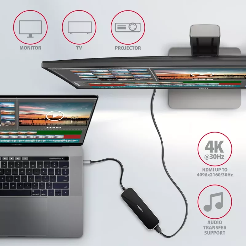 Hub Axagon HMC-6H4A USB 3.2 Gen 1, 4x USB-A, HDMI 4K/30Hz, PD 100W, cavo USB-C 20 cm