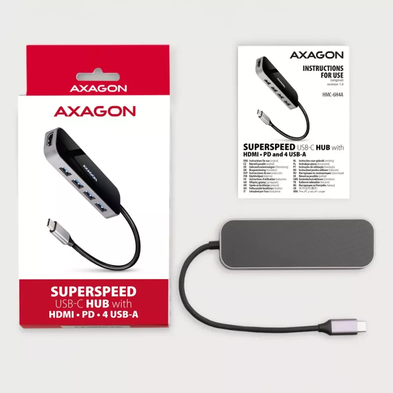 Hub Axagon HMC-6H4A USB 3.2 Gen 1, 4x USB-A, HDMI 4K/30Hz, PD 100W, cavo USB-C 20 cm