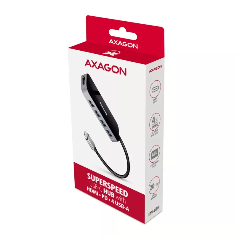 Hub Axagon HMC-6H4A USB 3.2 Gen 1, 4x USB-A, HDMI 4K/30Hz, PD 100W, cavo USB-C 20 cm