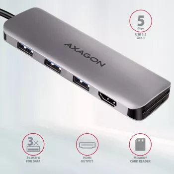 Hub Axagon HMC-HCR3A 3x USB-A + HDMI + SD/microSD USB-C 3.2 Gen 1 cavo 20 cm con filo USB 3.2 Gen 1 (3.1 Gen 1) Type-C grigio
