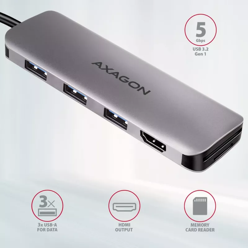 Hub Axagon HMC-HCR3A 3x USB-A + HDMI + SD/microSD USB-C 3.2 Gen 1 cavo 20 cm con filo USB 3.2 Gen 1 (3.1 Gen 1) Type-C grigio