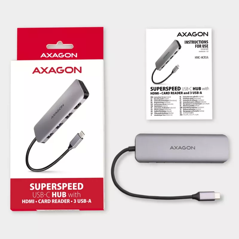 Hub Axagon HMC-HCR3A 3x USB-A + HDMI + SD/microSD USB-C 3.2 Gen 1 cavo 20 cm con filo USB 3.2 Gen 1 (3.1 Gen 1) Type-C grigio