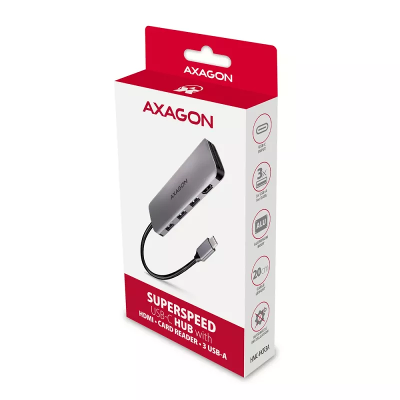 Hub Axagon HMC-HCR3A 3x USB-A + HDMI + SD/microSD USB-C 3.2 Gen 1 cavo 20 cm con filo USB 3.2 Gen 1 (3.1 Gen 1) Type-C grigio