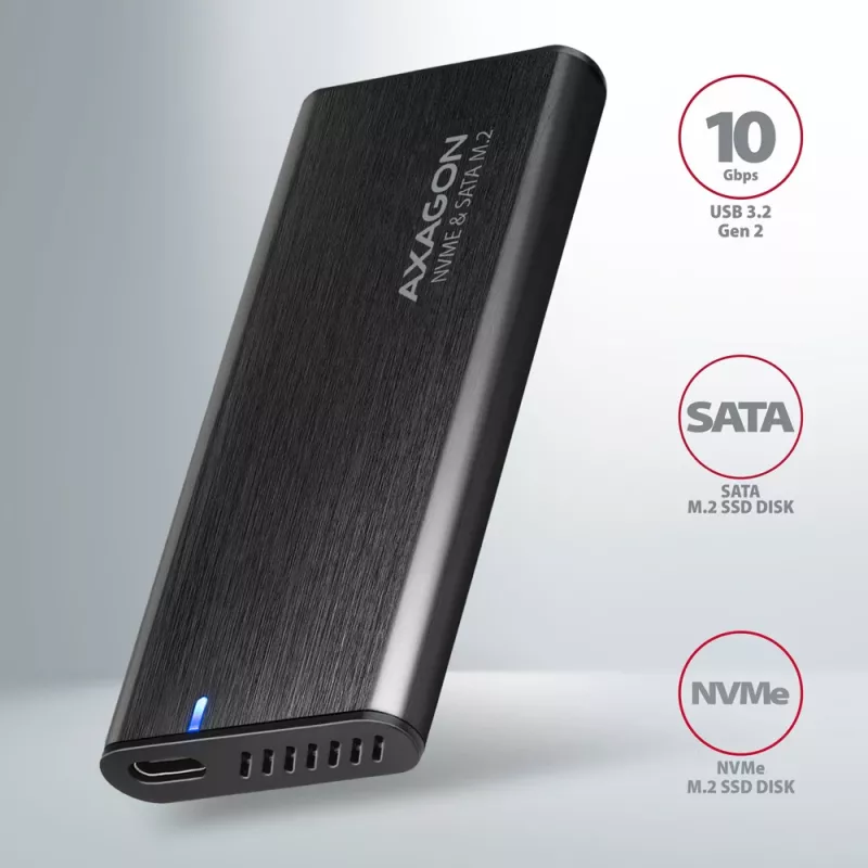 Case esterno Axagon EEM2-SB2 USB-C 3.2 Gen 2 in metallo per SSD M.2 NVMe e SATA. Senza viti
