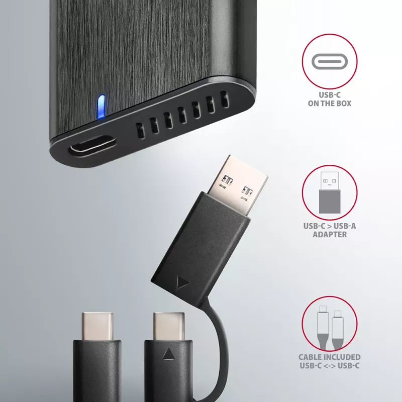 Case esterno Axagon EEM2-SB2 USB-C 3.2 Gen 2 in metallo per SSD M.2 NVMe e SATA. Senza viti