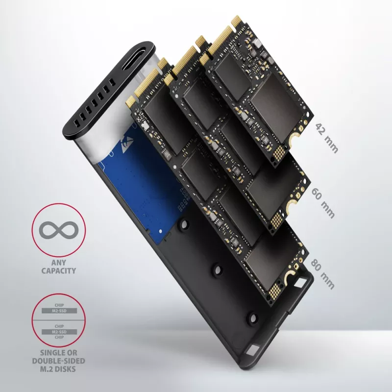 Case esterno Axagon EEM2-SB2 USB-C 3.2 Gen 2 in metallo per SSD M.2 NVMe e SATA. Senza viti