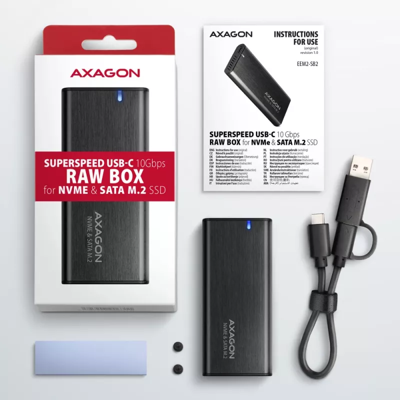Case esterno Axagon EEM2-SB2 USB-C 3.2 Gen 2 in metallo per SSD M.2 NVMe e SATA. Senza viti