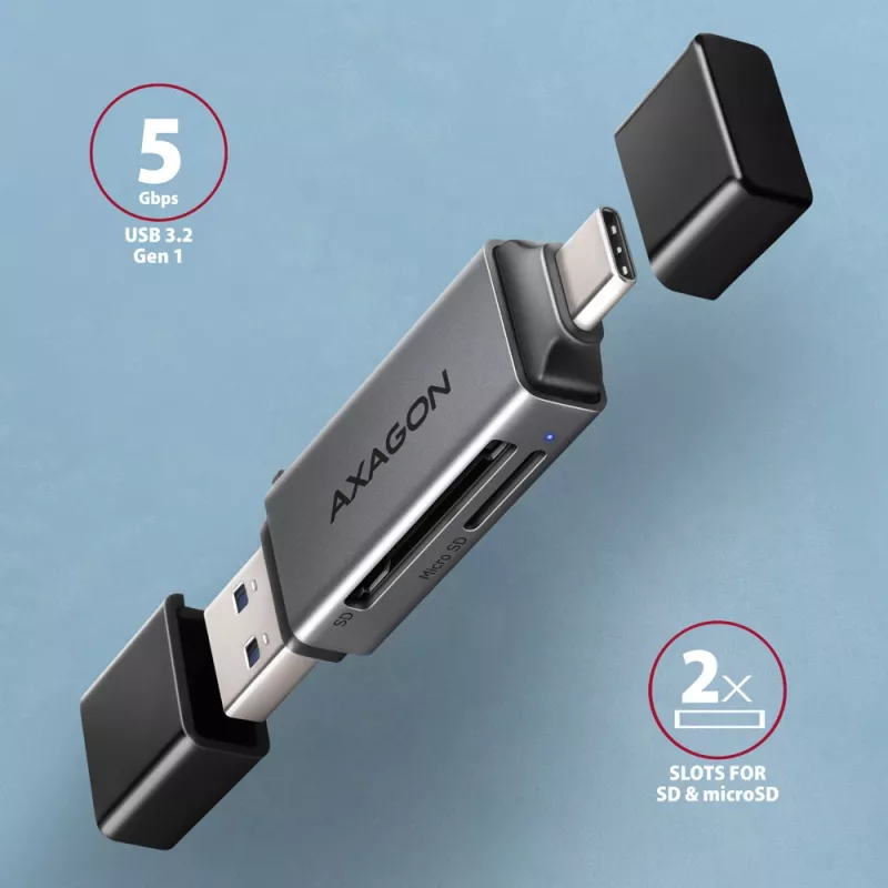 Lettore di schede Axagon CRE-DAC USB-C + USB-A 5 Gbps MINI 2 slot e LUN SD/microSD USB 3.0 Type-A/Type-C grigio
