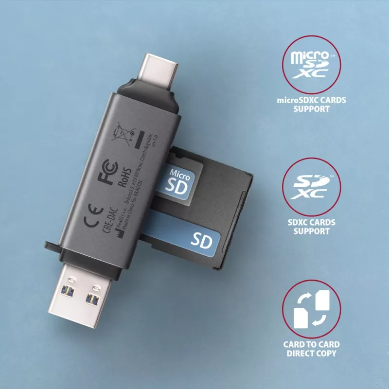 Lettore di schede Axagon CRE-DAC USB-C + USB-A 5 Gbps MINI 2 slot e LUN SD/microSD USB 3.0 Type-A/Type-C grigio