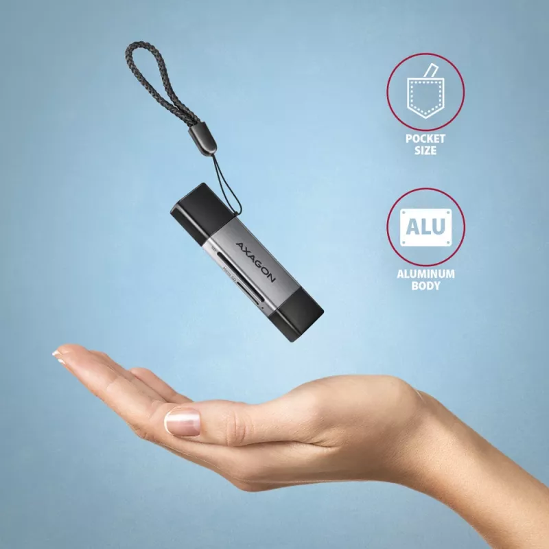 Lettore di schede Axagon CRE-DAC USB-C + USB-A 5 Gbps MINI 2 slot e LUN SD/microSD USB 3.0 Type-A/Type-C grigio