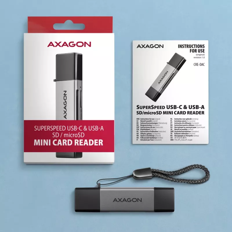 Lettore di schede Axagon CRE-DAC USB-C + USB-A 5 Gbps MINI 2 slot e LUN SD/microSD USB 3.0 Type-A/Type-C grigio