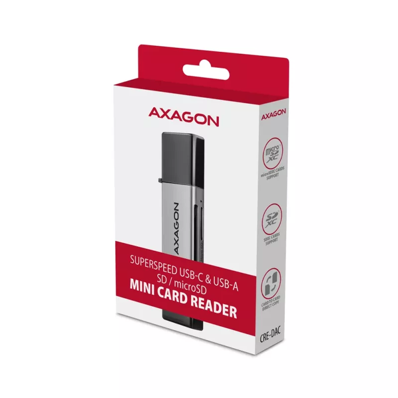 Lettore di schede Axagon CRE-DAC USB-C + USB-A 5 Gbps MINI 2 slot e LUN SD/microSD USB 3.0 Type-A/Type-C grigio