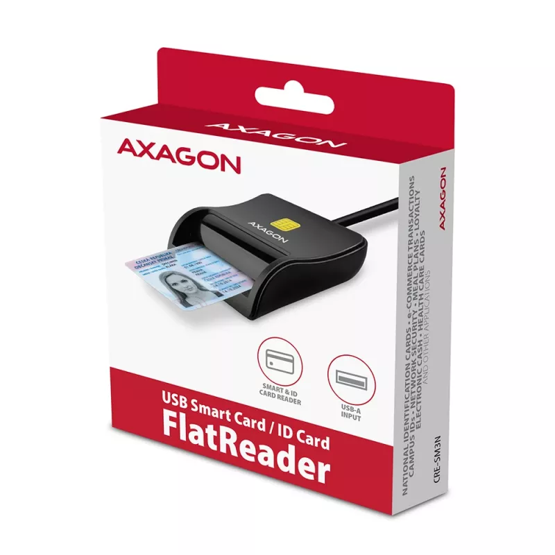 Lettore piatto di smart card/ID Axagon CRE-SM3N USB-A, USB 2.0, 1,3 m, nero, 57 g