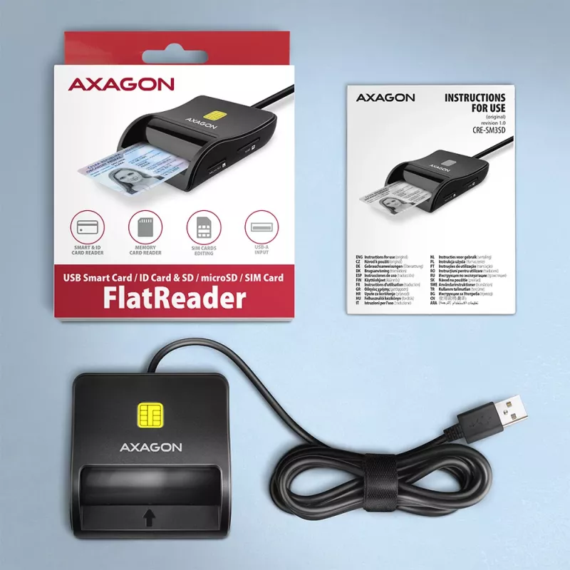 Lettore piatto di smart card e schede SD/microSD/SIM Axagon CRE-SM3SD USB per interni USB 2.0 nero