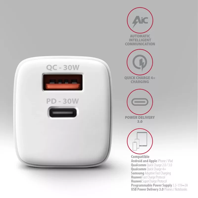 Caricabatterie Axagon ACU-PQ30W QC3.0 30W USB-C bianco