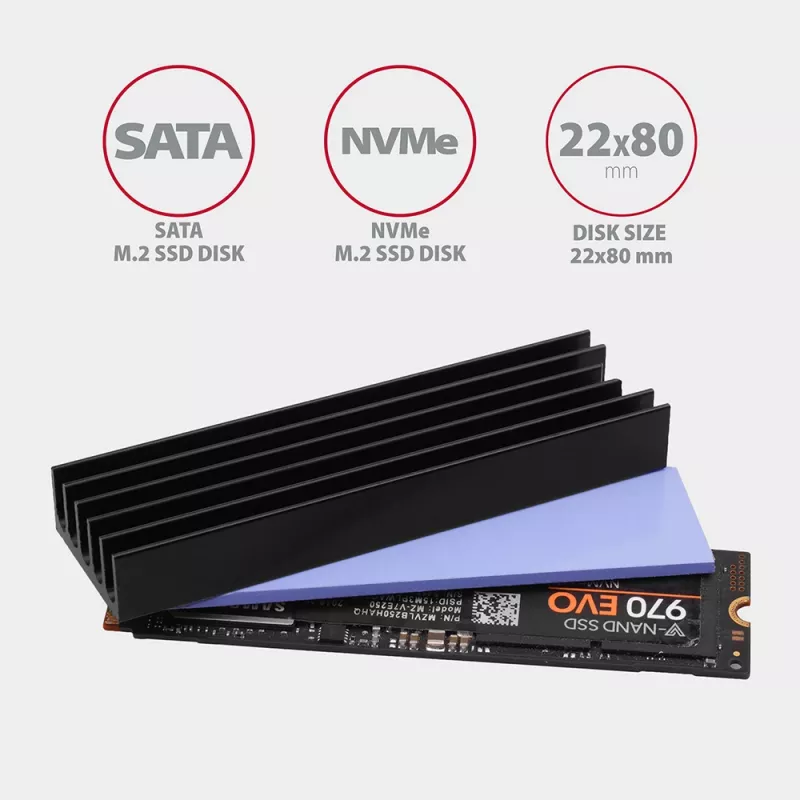 Dissipatore passivo in alluminio Axagon CLR-M2L10 per tutti gli SSD M.2, formato 2280, altezza 10 mm.