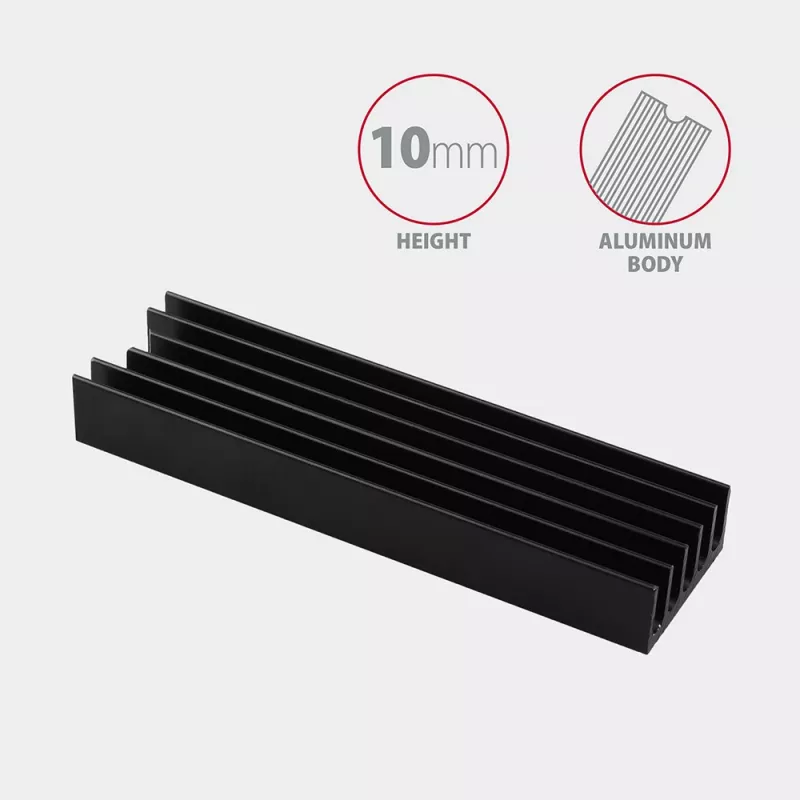 Dissipatore passivo in alluminio Axagon CLR-M2L10 per tutti gli SSD M.2, formato 2280, altezza 10 mm.