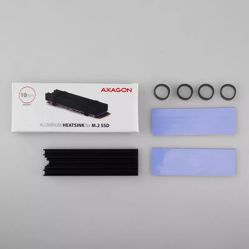 Dissipatore passivo in alluminio Axagon CLR-M2L10 per tutti gli SSD M.2, formato 2280, altezza 10 mm.