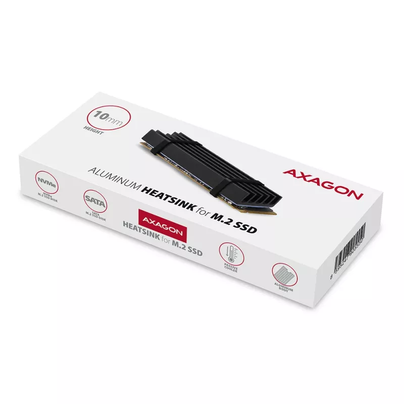 Dissipatore passivo in alluminio Axagon CLR-M2L10 per tutti gli SSD M.2, formato 2280, altezza 10 mm.