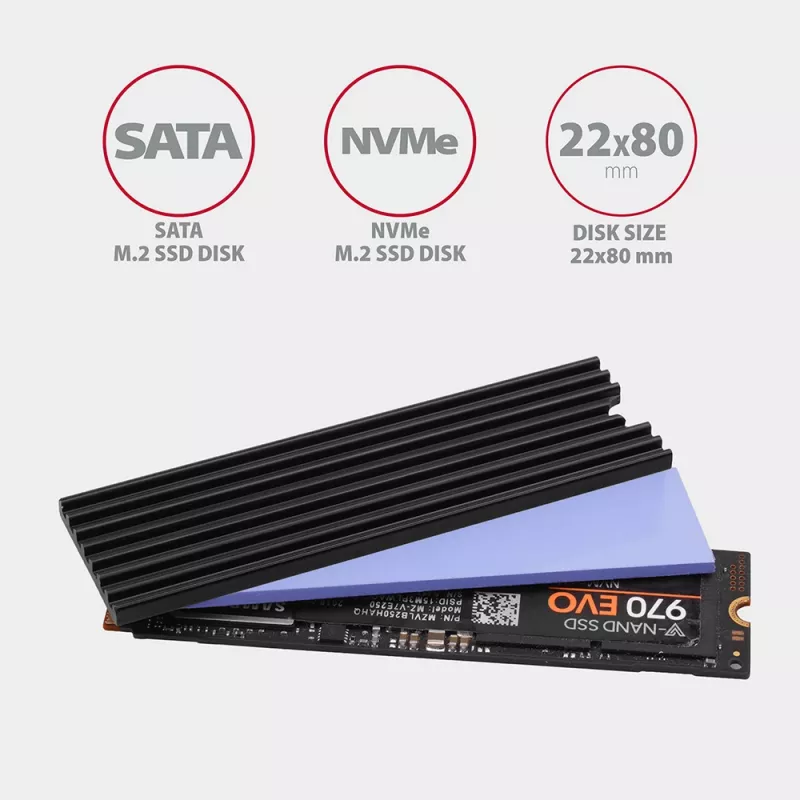Dissipatore passivo in alluminio Axagon CLR-M2L3 per tutti gli SSD M.2, formato 2280, altezza 3 mm