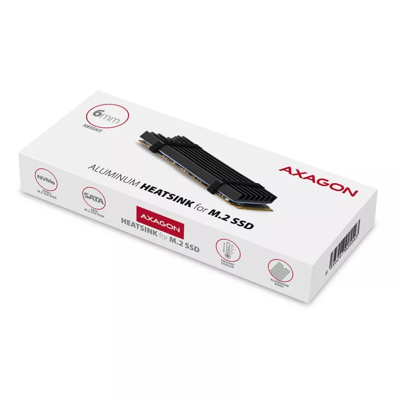 Dissipatore passivo in alluminio Axagon CLR-M2L6 per tutti gli SSD M.2, formato 2280, altezza 6 mm