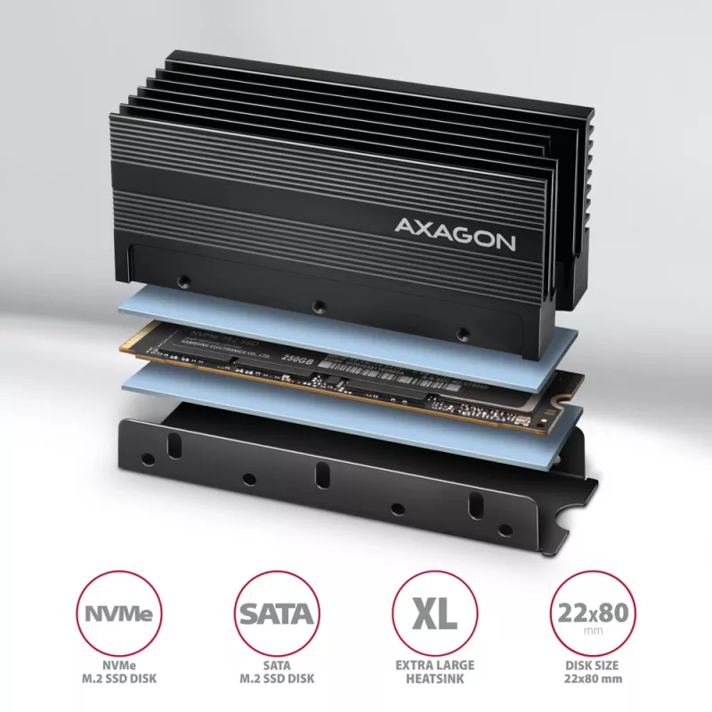 Dissipatore passivo in alluminio Axagon CLR-M2XL per unità SSD M.2 a una e due facce, formato 2280, altezza 36 mm