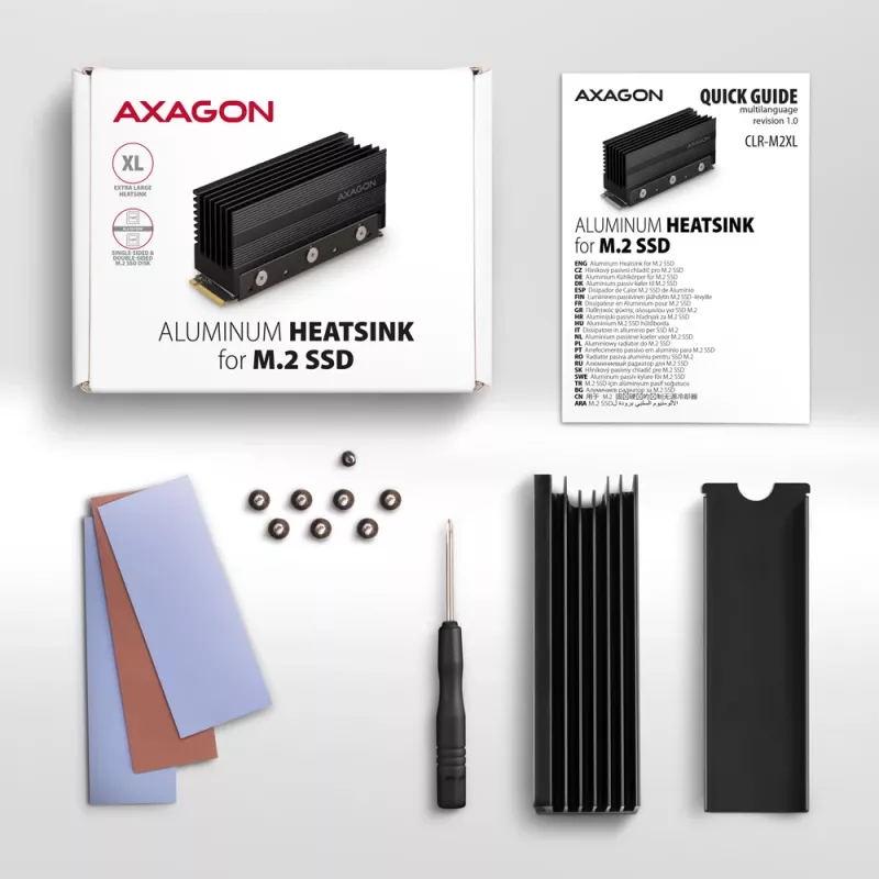 Dissipatore passivo in alluminio Axagon CLR-M2XL per unità SSD M.2 a una e due facce, formato 2280, altezza 36 mm