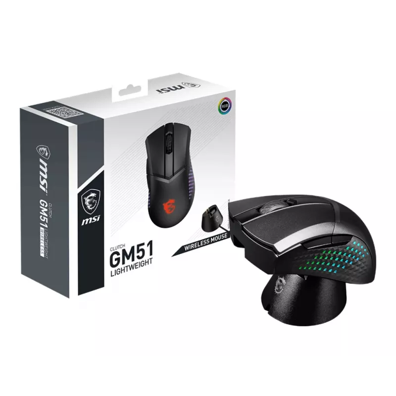 Mouse MSI CLUTCH GM51 LIGHTWEIGHT WIRELESS gaming per destrimani RF + Bluetooth + USB Type-C ottico 26000 DPI