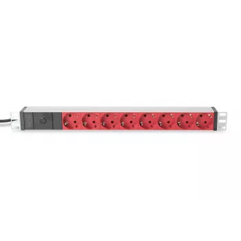 DIGITUS PDU in alluminio 1U, montaggio a rack connettore 10A, 250VAC 50/60Hz, 8x presa CEE 7/7 ROSSA pre-fusa, connettore IEC C14