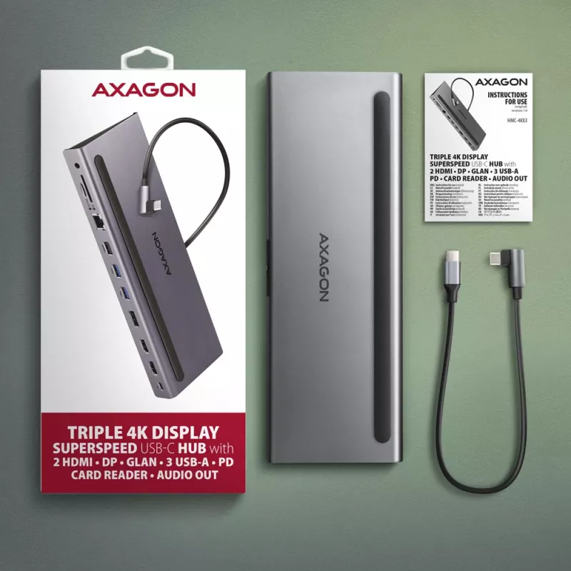 Docking station Axagon HMC-4KX3 Hub USB-C 5Gbps, 3x USB-A, 2x HDMI, DP, RJ-45, SD/microSD, Audio, PD 100W, cavo 40cm