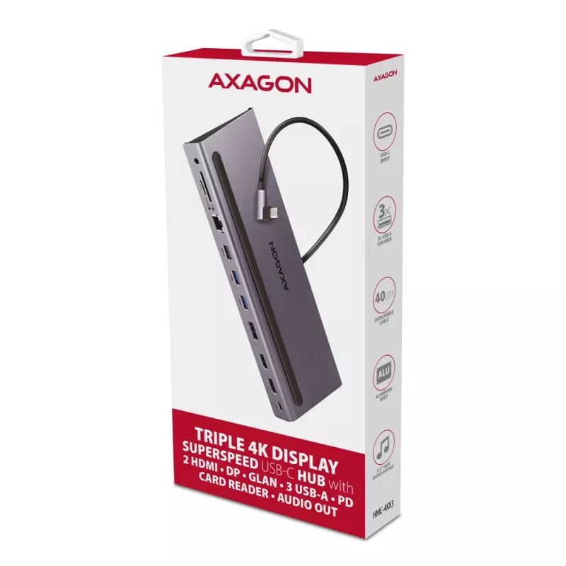 Docking station Axagon HMC-4KX3 Hub USB-C 5Gbps, 3x USB-A, 2x HDMI, DP, RJ-45, SD/microSD, Audio, PD 100W, cavo 40cm
