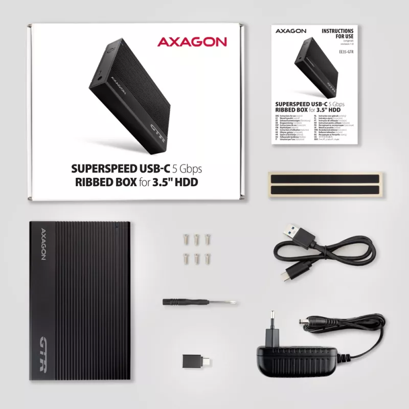 Axagon EE35-GTR USB-C 5Gbps - SATA 6G, 3.5 RIBBED box BLACK - Case HDD USB Type-C 3,5 pollici