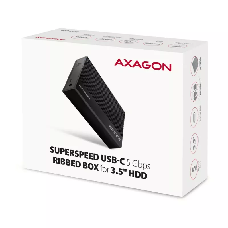 Axagon EE35-GTR USB-C 5Gbps - SATA 6G, 3.5 RIBBED box BLACK - Case HDD USB Type-C 3,5 pollici
