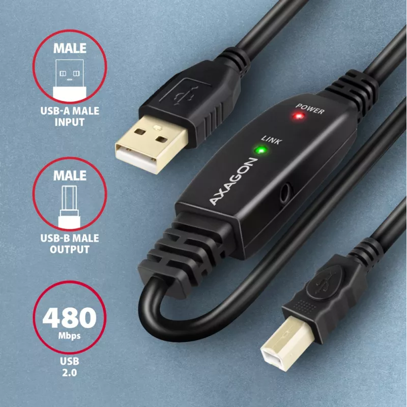 Axagon ADR-220B Cavo attivo di collegamento/ripetitore USB 2.0 A-M -> B-M 20 m