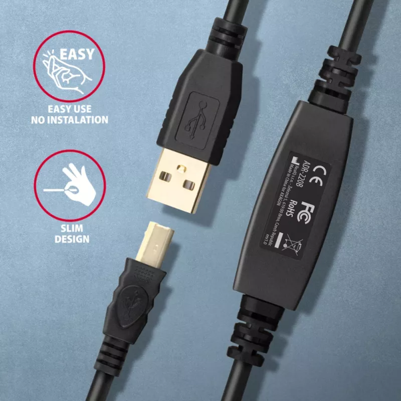 Axagon ADR-220B Cavo attivo di collegamento/ripetitore USB 2.0 A-M -> B-M 20 m