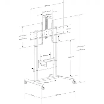 Carrello multimediale TECHLY ICA-TR230 nero per schermo piatto fino a 110 pollici, VESA 900x600, altezza 1850 mm, portata 120 kg